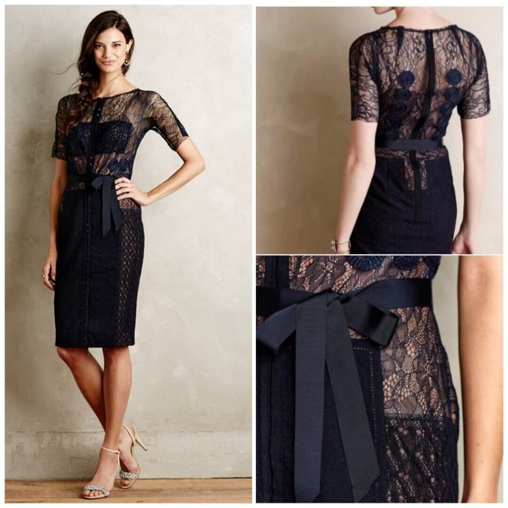 Anthropologie Beguile Byron Lars CARISSIMA Navy Sheath Lace Short Sleeve Dress